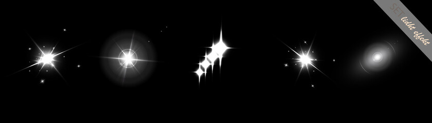 Collection of bright white light effects with rays and glare for vector illustration.