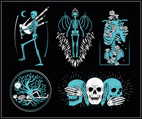 Collection of skeletons logos for t-shirt and denim.Fallen Angel. Piper. Skeleton and tree. Bones and roses. Skulls. I see nothing, I hear nothing, and I say nothing. - 482052560