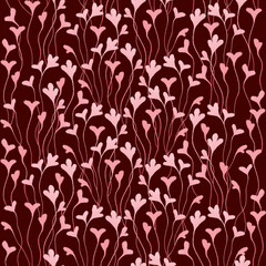 seamless pattern with pink watercolor leaves on bordo background, ginkgo leaves, seeweed leaves 
