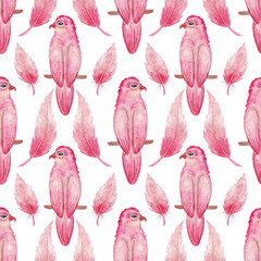 Watercolor pattern, pink bird and feathers on a white background. Pattern for fabric, holidays, valentine's day and etc.
