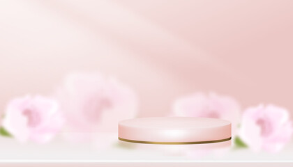 Fototapeta na wymiar Studio room Pink podium display with blurry cherry blossom background, Vector 3D Cylinder on blurred Spring Sakura flower, Sweet pastel backdrop banner for Beauty product, Mother day,Valentine day