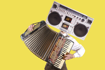 Abstract modern collage. The man with the head of a tape recorder emotionally playing the accordion - obrazy, fototapety, plakaty