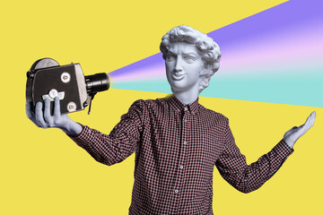 Abstract modern collage. The man with the plaster head of David in a plaid shirt takes himself off to an old movie camera. Selffi concept