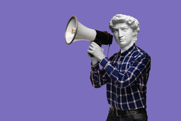 Abstract modern collage. The man with the plaster head of David with a megaphone on purple...