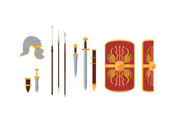 Set of elements of the Roman legionnaire's weapon. Color vector illustration, flat style. White isolated background.