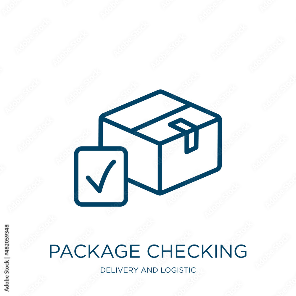 Poster package checking icon from delivery and logistic collection. thin linear package checking, package, 