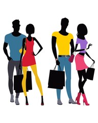 Obraz premium Silhouettes of two couples of people with bags in shopping