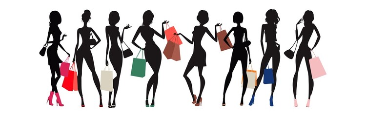 Silhouettes of women with colorful bags in their hands