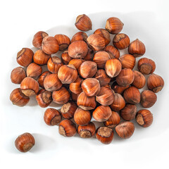 Hazelnuts in the shell. Round filbert, ripe fruit of a Corylus avellana hazel shrubs.