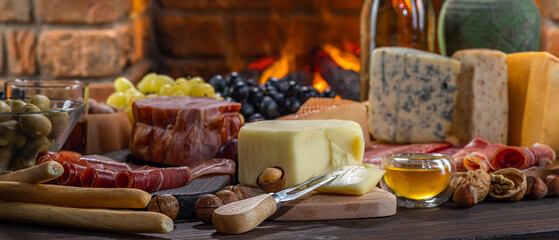Charcuterie plate board, meat, boiled pork, smoked meats, prosciutto, and wine. Cheese pieces,...