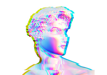 Head of David sculpture with glitch effect, 3D rendered