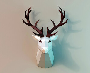 Beautiful low poly deer trophy, gray background, 3d rendered
