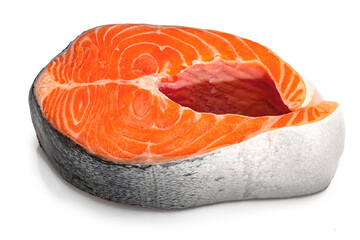 Chilled salmon large piece, fillet, steak. Fresh raw trout fish, isolated food on white background. Red meat healthy seafood