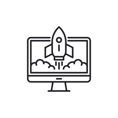Website and Rocket Launch thin line icon, startup concept, Site launch sign on white background, rocket launching from tablet icon in outline style for mobile and web design. Vector graphics.