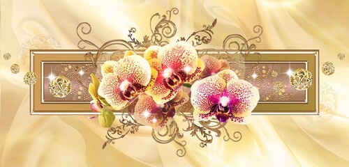 3D-image orchids with floral ornaments and gold frame on a light yellow abstract background - obrazy, fototapety, plakaty