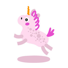 Hand drawn vector illustration lovely pink unicorn. Cartoon style. Design for T-shirt, textile and print.

