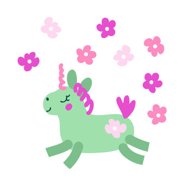 Hand drawn vector illustration pretty unicorn and flowers. Cartoon style. Design for T-shirt, poster and print. © Anna