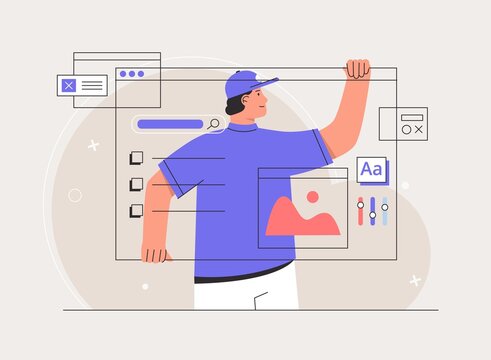 Young man designer working on ui ux design or mobile application prototyping banner. Software developers. Freelancer working on web and application development on computers. Flat style vector.