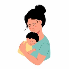 Obraz na płótnie Canvas Mother holding her cute baby boy child. Woman holding newborn baby, concept vector illustration in trendy cartoon style, health, care, maternity