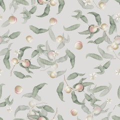 Seamless pattern with peach fruits, blossom and green leaves on grey background, vintage botanical wallpaper