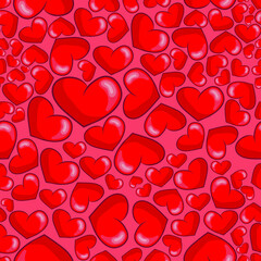 Seamless pattern of red hearts. Valentine's Day background. Flat design endless chaotic texture of tiny heart silhouettes. Shades of red. Vector illustration on a red background.