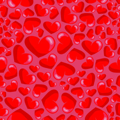 Seamless pattern of red hearts. Valentine's Day background. Flat design endless chaotic texture of tiny heart silhouettes. Shades of red. Vector illustration on a red background.