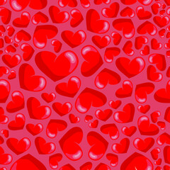 Fototapeta na wymiar Seamless pattern of red hearts. Valentine's Day background. Flat design endless chaotic texture of tiny heart silhouettes. Shades of red. Vector illustration on a red background.