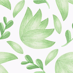Watercolor pattern on a white background. Delicate first green. Leaves and green buds.