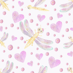 Watercolor pattern on a white background. Cartoon dragonflies with big glasses, hearts and gradient balloons
