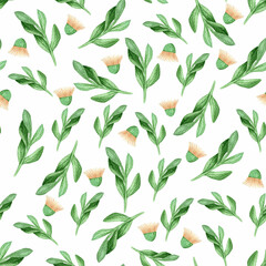 Bright green blades of grass and peach half-blown daisy flowers. Watercolor seamless pattern on white background