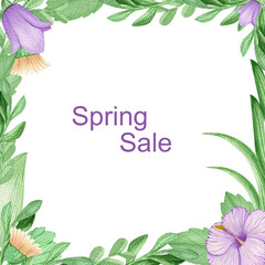 Square frame of flowers and blades of grass for an advertising message. Postcard with place for text. Discounts, sale