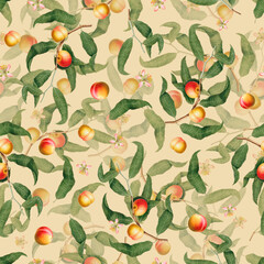Seamless pattern with peach fruits, blossom and green leaves on beige background, vintage botanical wallpaper
