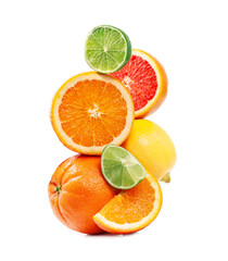 A stack fresh oranges fruits,grapefruits, lemons and lime
