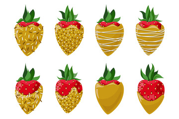 Vector set of strawberries covered with gold chocolate decorated with confectionery topping isolated on white background.
