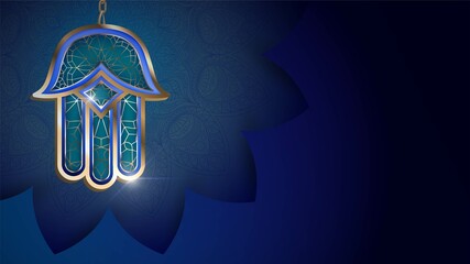 Blue gold Hamsa (Hand of Fatima) on a chain against a blue pattern, an oriental evil eye amulet