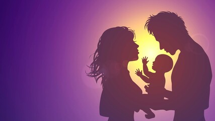 Happy family silhouette: mom, dad and baby on sunset background, family vacation