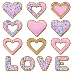 Set of different realistic cookies in the form of hearts covered with pink glaze decorated with confectionery topping isolated on white background. Vector illustration.