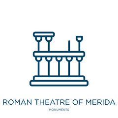 roman theatre of merida icon from monuments collection. Thin linear roman theatre of merida, roman, old outline icon isolated on white background. Line vector roman theatre of merida sign, symbol for - obrazy, fototapety, plakaty