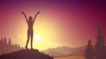 Silhouette of a woman with raised hands on the background of nature and sunset
