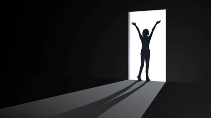 Silhouette of a woman comes out of a dark room to freedom, the concept of hope, faith and achievement of goals