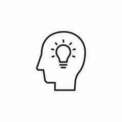 Black isolated outline icon of head of man and light bulb on white background. Line icon of head of man and light bulb. Symbol of idea. Flat design. Human idea thin line icon, creativity and solution
