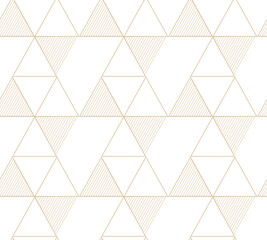 Golden geometric vector seamless patterns. Golden lines, triangles and rhombuses on a white background. Modern illustrations for wallpapers, flyers, covers, banners, minimalistic decorations,