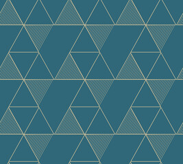 Golden geometric vector seamless patterns. Golden lines, triangles and rhombuses on an emerald green background. Modern illustrations for wallpapers, flyers, covers, banners, minimalistic decorations