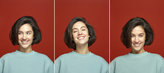 Happy young girl with toothy dental orthodontic smile healthy perfect white teeth, laughing. Dental...