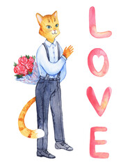 Watercolor illustration with a ginger cat in a pantsuit and a bouquet of roses and the inscription "love". Hand drawn for valentine's day, isolated on white background