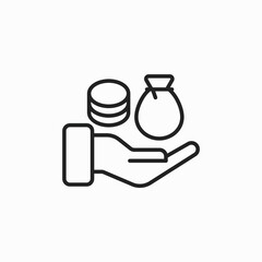 Icon of hand holding cash with dollar sign in stacks of coins. Concept representing payment, value, charity or cash win. Vector Illustration