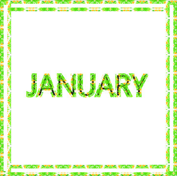 January. Image and illustration of green letters with foliage