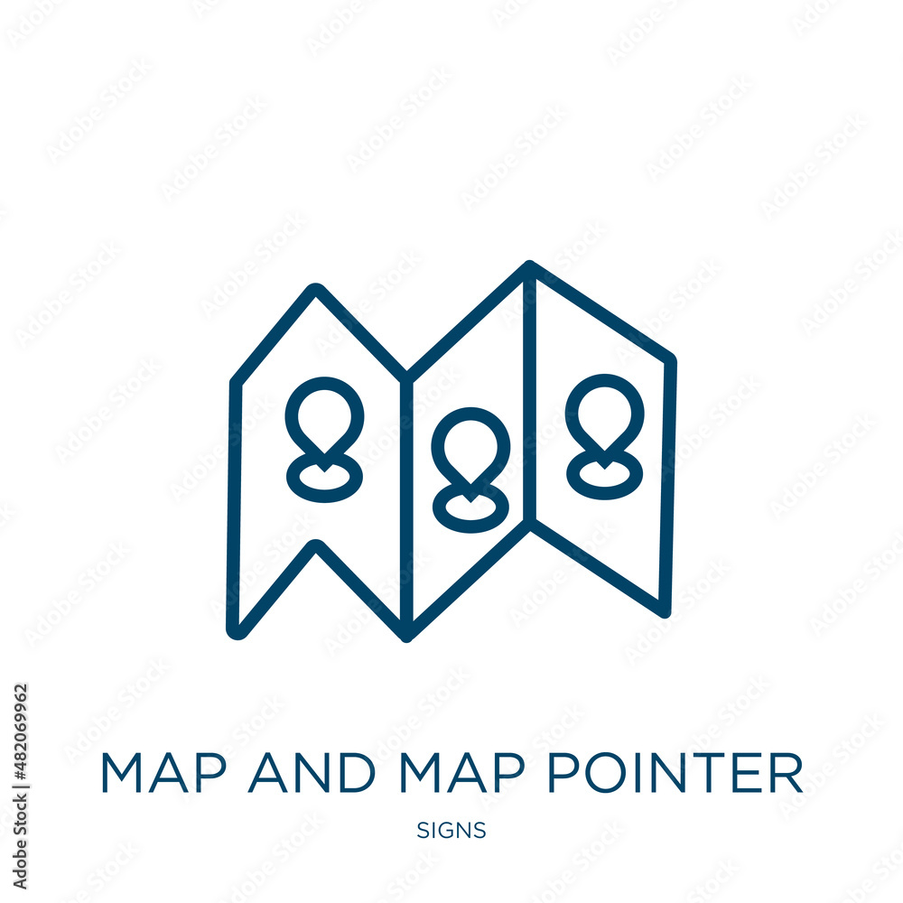 Poster map and map pointer icon from signs collection. Thin linear map and map pointer, navigation, pin outline icon isolated on white background. Line vector map and map pointer sign, symbol for web and