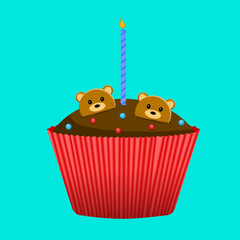 Birthday chocolate cupcake with candle and sugar bears