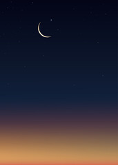Obraz na płótnie Canvas Ramadan Night with Crescent moon on dark blue sky background,Vector Vertical banner Dramtic Suset with Twilight dusk sky,Islamic religion for Ramadan Kareem celebration, Eid al-Adha,Eid Mubarak